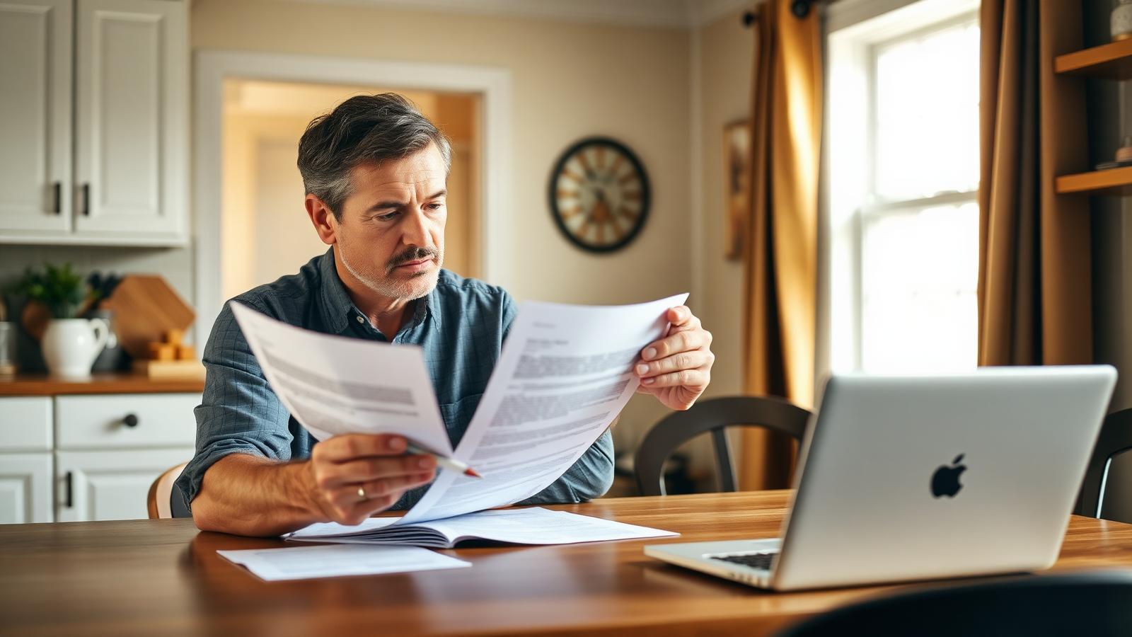 Homeowner comparing documents at the kitchen table, confidently reviewing options before deciding